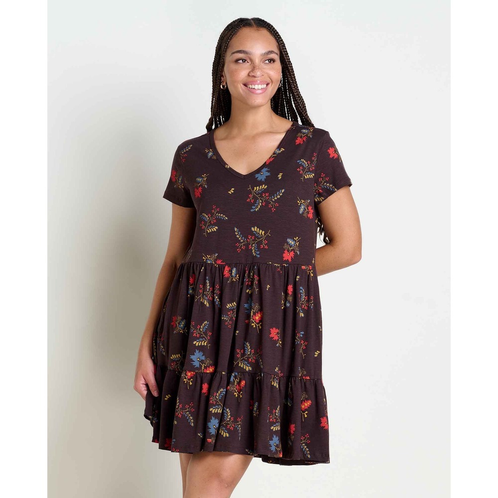 Toad&Co Whirlwind Tiered Short Sleeve Dress Brown Floral Organic Cotton Large